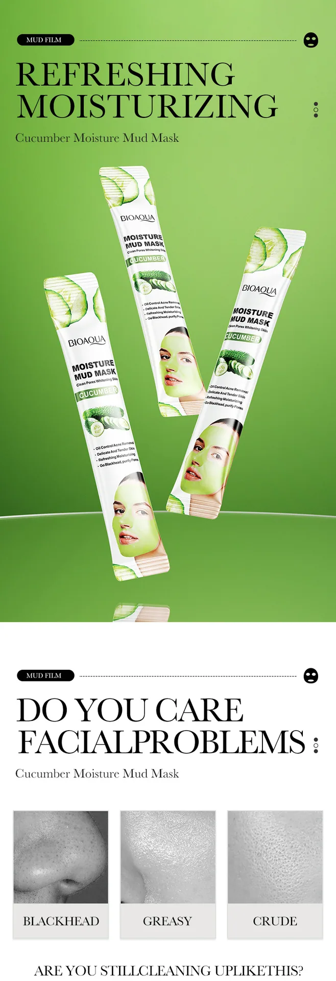 Detail close-up of BIOAOUA cucumber moisturizing mud film, showcasing smooth mud texture and moisturizing brightening effect
