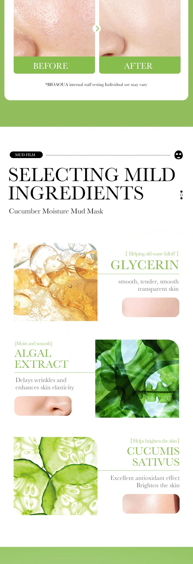 Application scenarios of BIOAOUA cucumber moisturizing mud film, applying it to the surface to hydrate and brighten the skin,