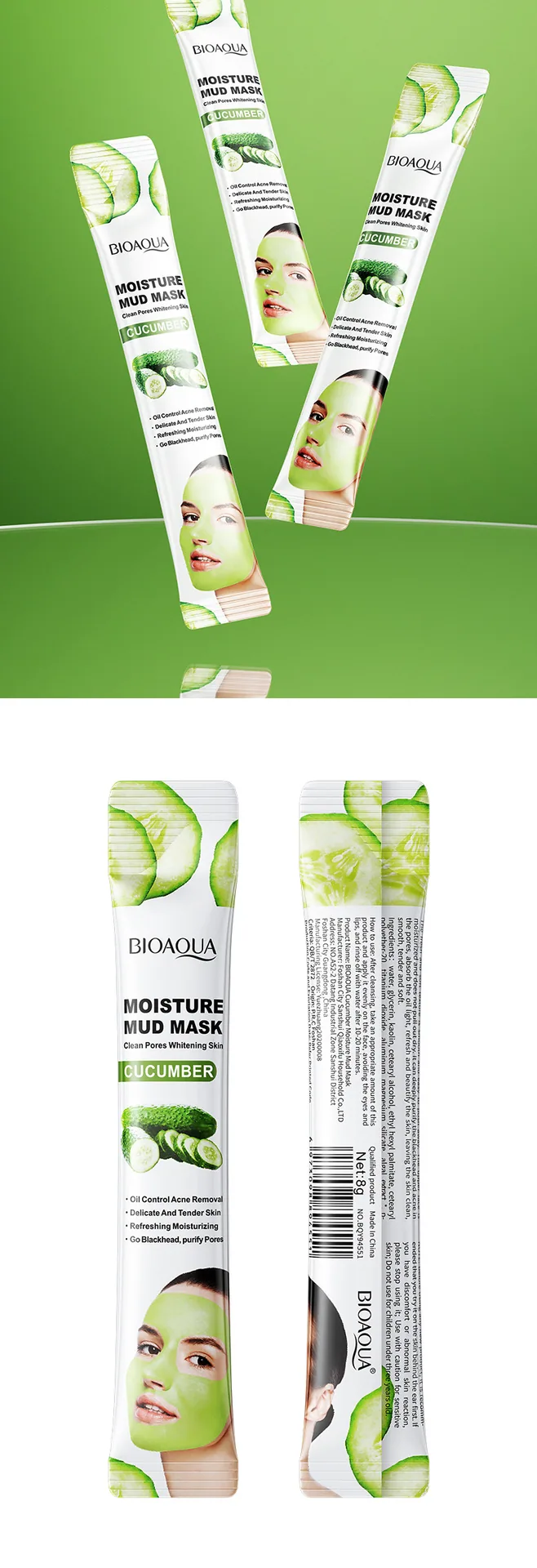 BIOAOUA cucumber moisturizing mud film packaging back ingredient list and usage instructions, wholesale for foreign trade