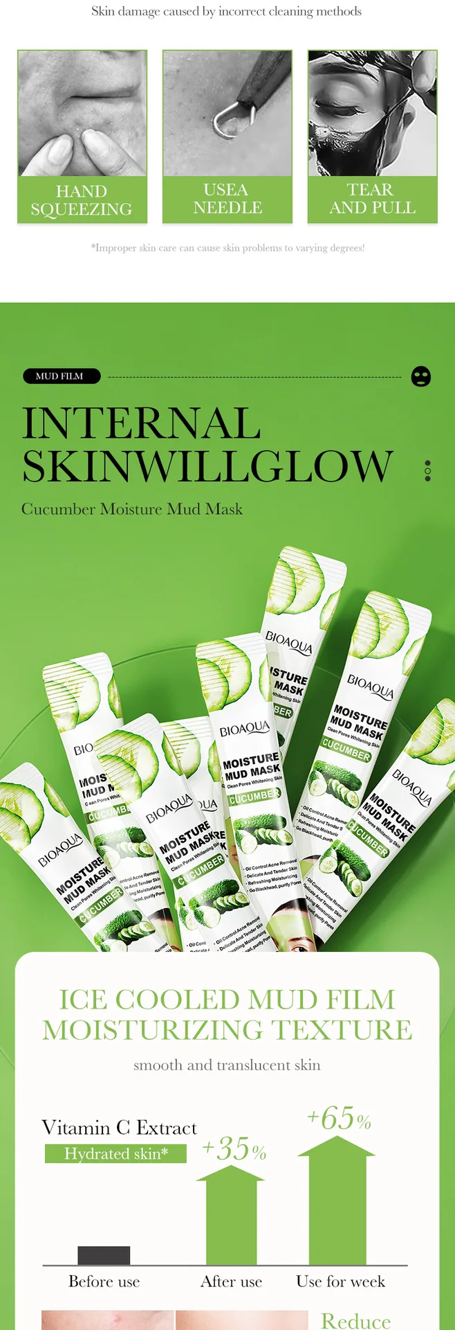 The application effect of BIOAOUA cucumber puree film is even and smooth, revitalizing the skin with moisture and smoothness