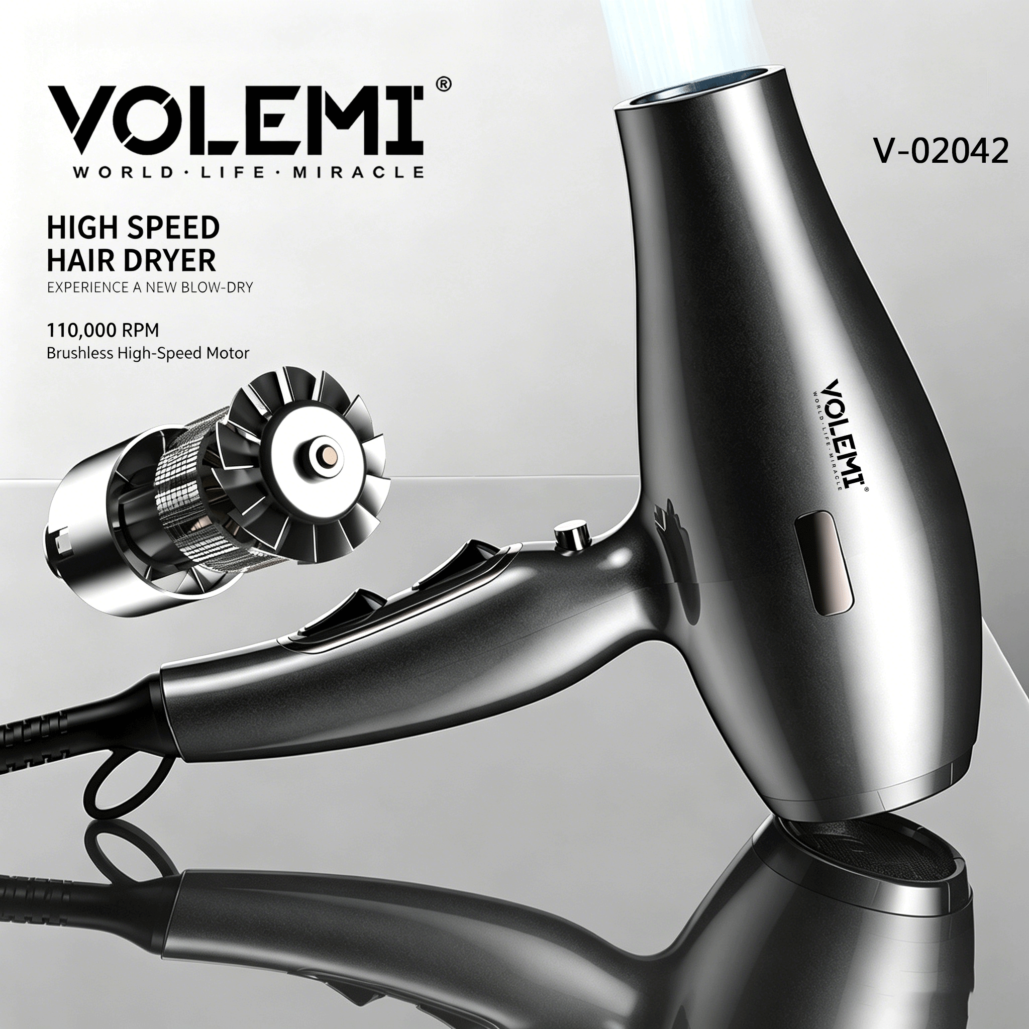 VOLEMI High-Speed Brushless Motor Hair Dryer Silver V-02042