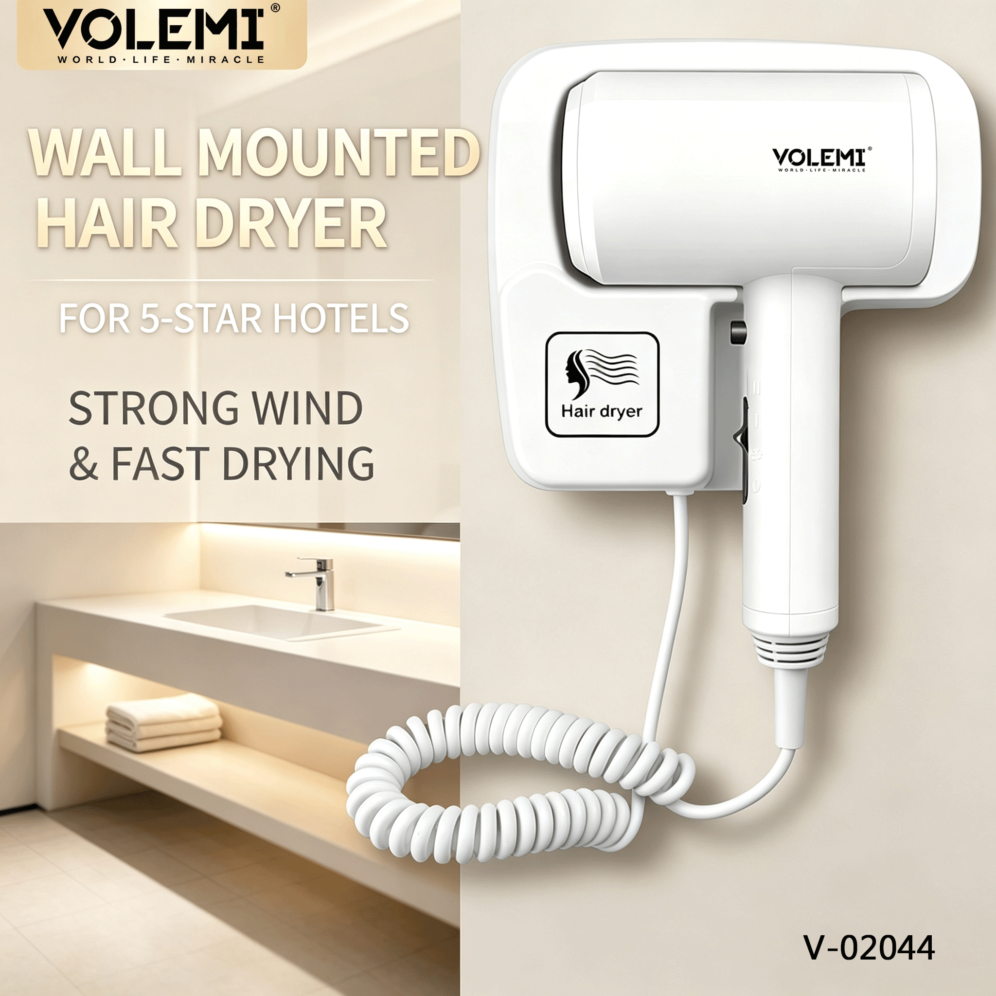 VOLEMI Wall-Mounted Hotel Hair Dryer Compact V-02044