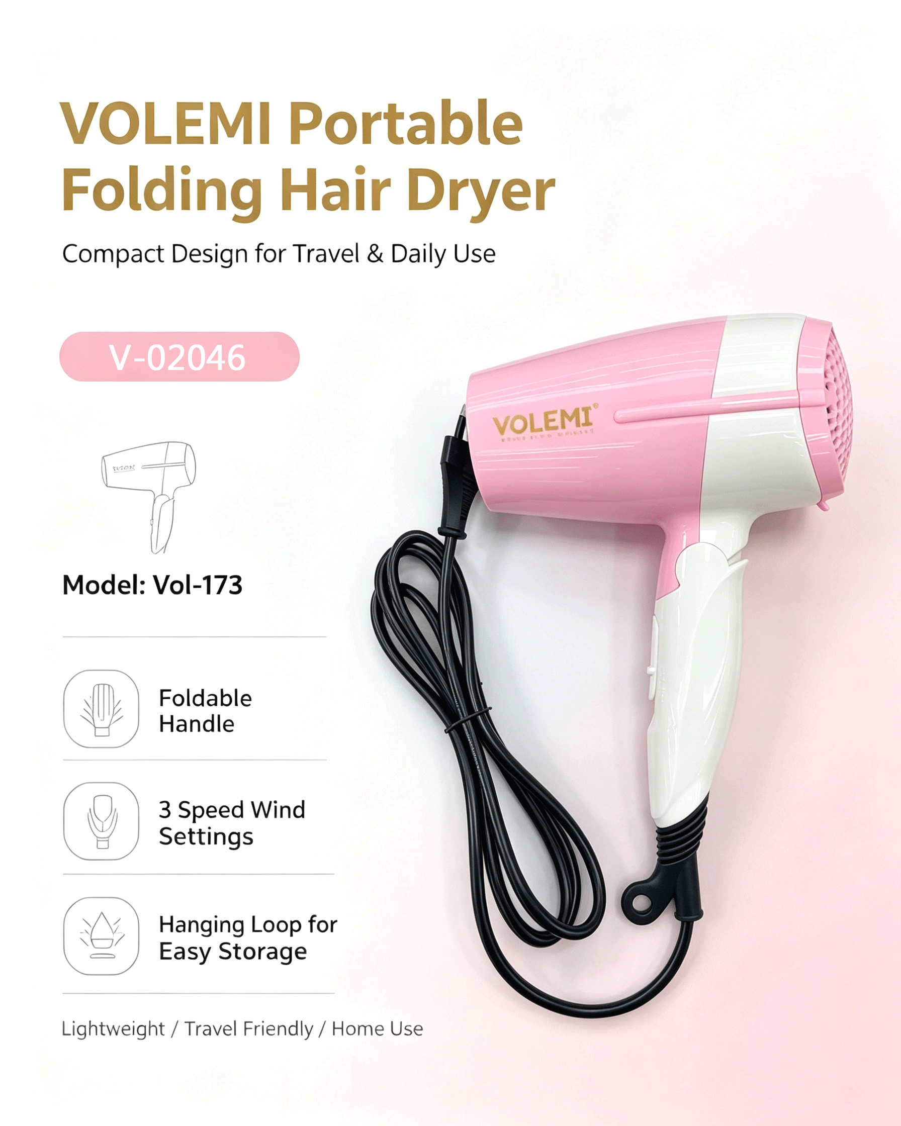 VOLEMI Folding Portable Hair Dryer Pink Vol-173 V-02046