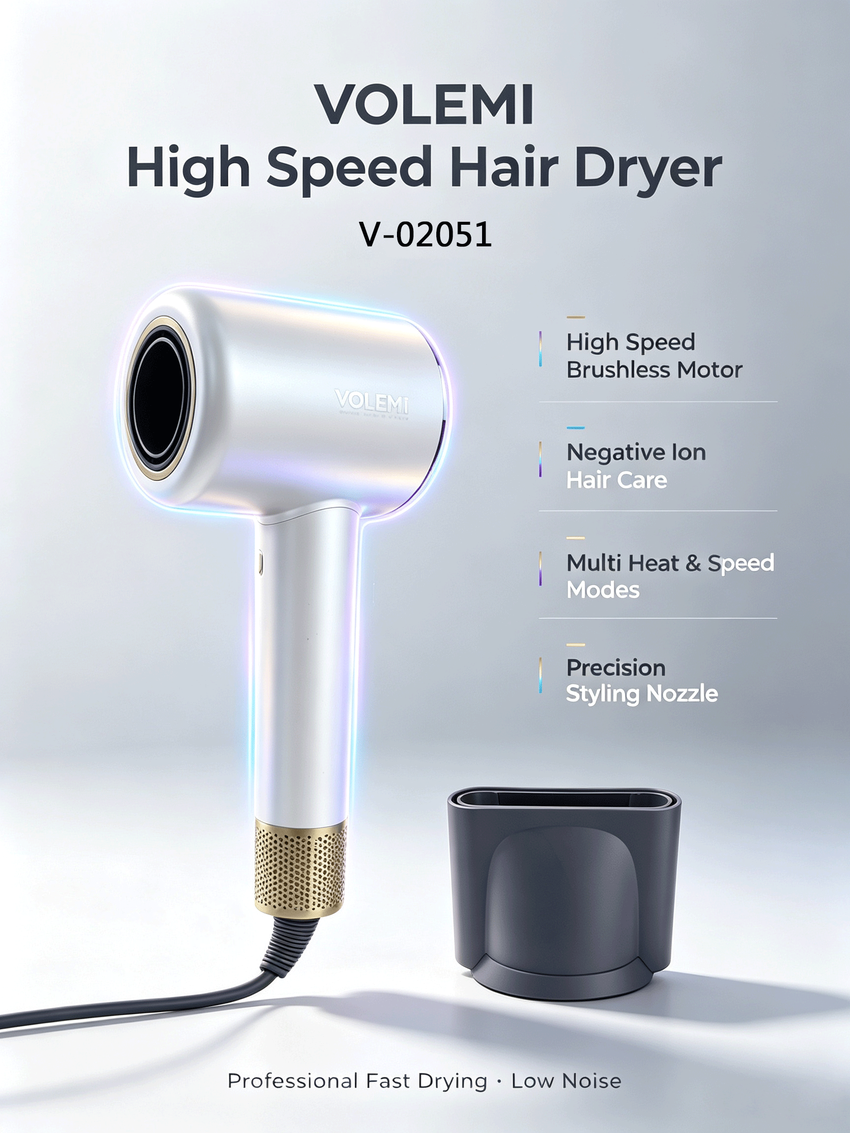 VOLEMI High-Speed Brushless Negative Ion Hair Dryer Platinum Base V-02051