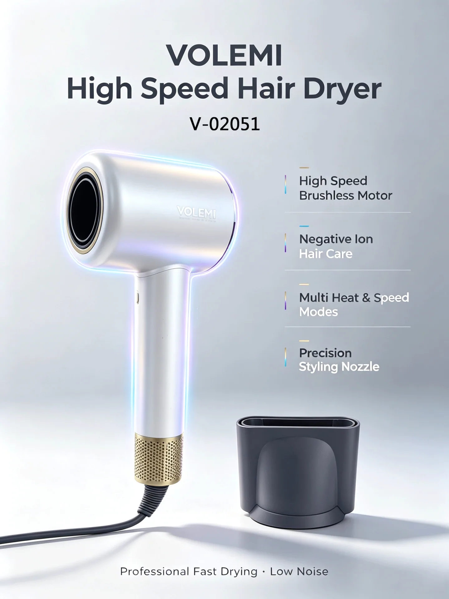 VOLEMI High-Speed Brushless Negative Ion Hair Dryer Platinum Base V-02051