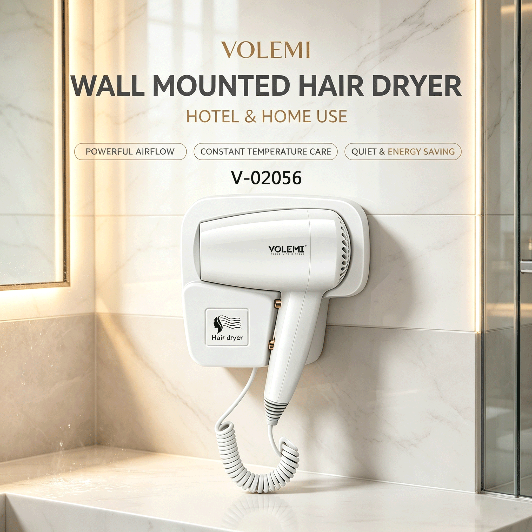 VOLEMI Wall-Mounted Home Hotel Hair Dryer V-02056