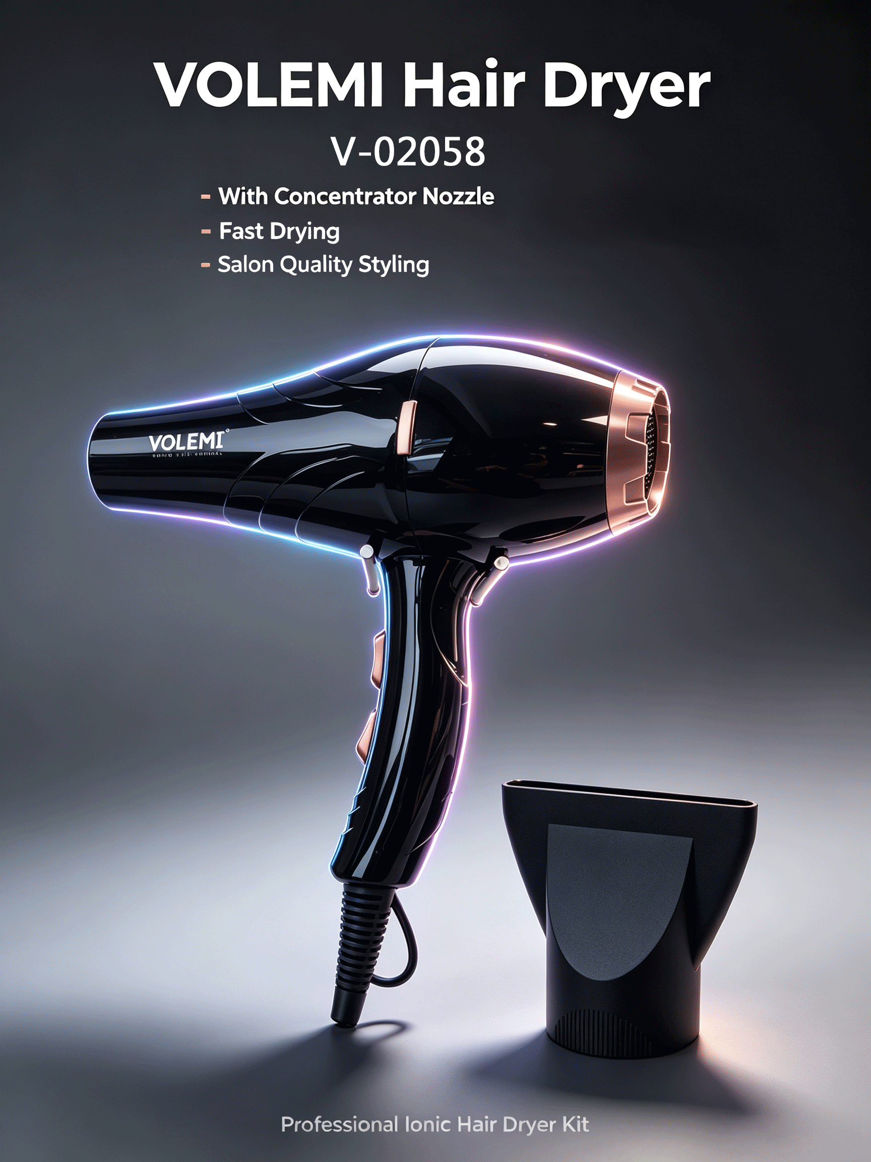 VOLEMI Negative Ion Hair Dryer Set Black Salon V-02058
