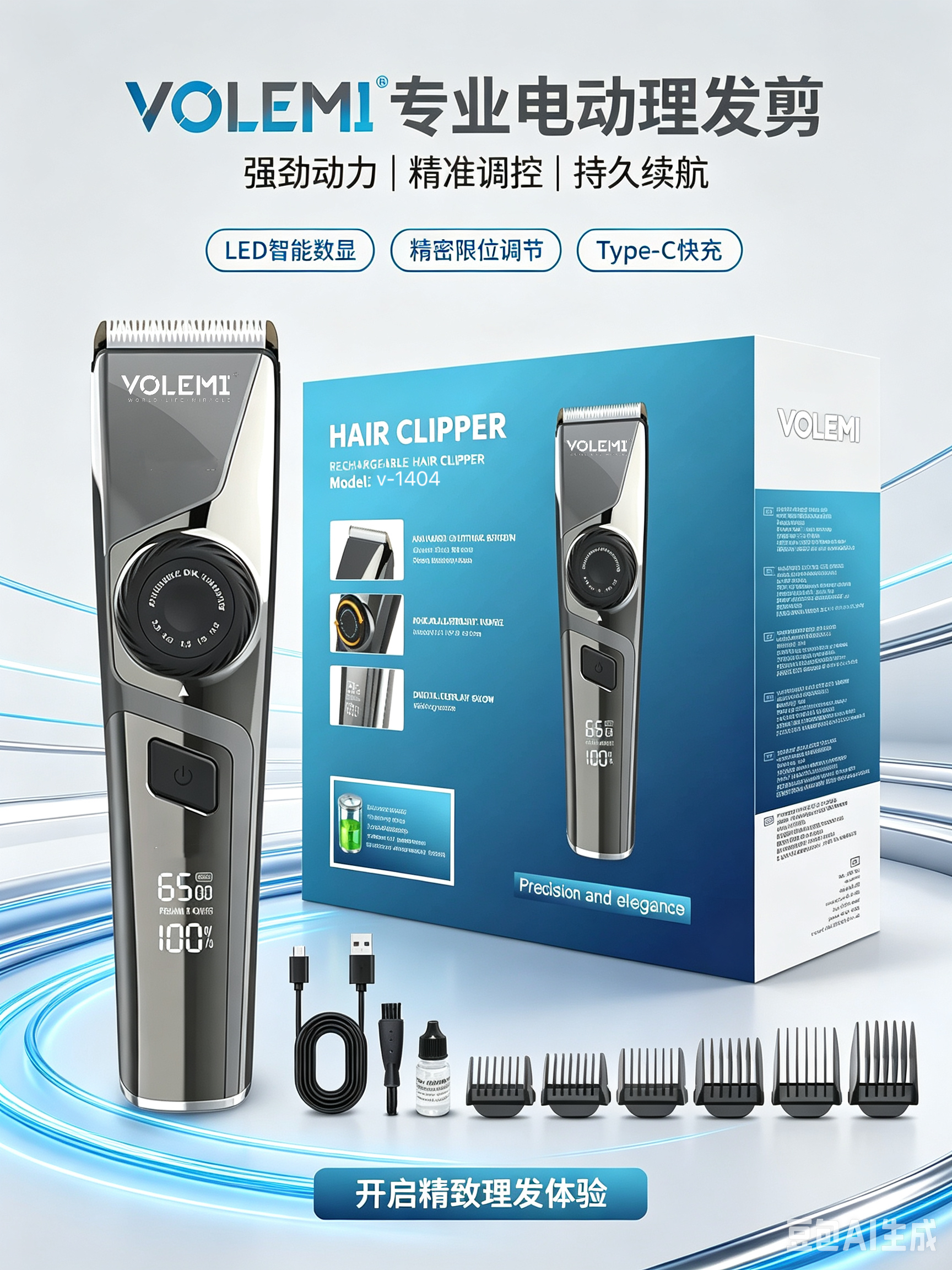 VOLEMI Waterproof Hair Clipper Washable Rechargeable V-1404