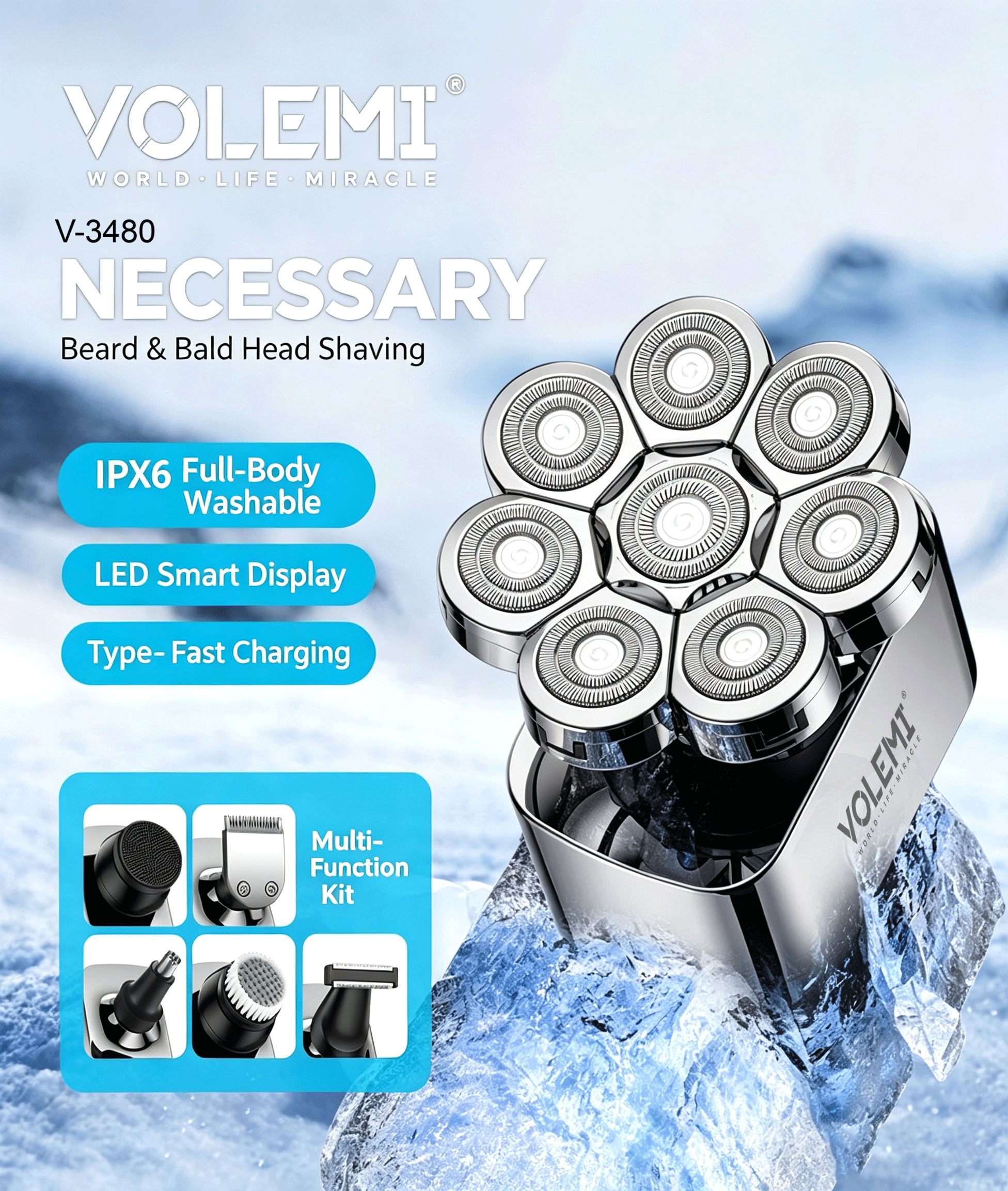 VOLEMI Cordless Hair Clipper Quiet Motor Steel Blade V-3480