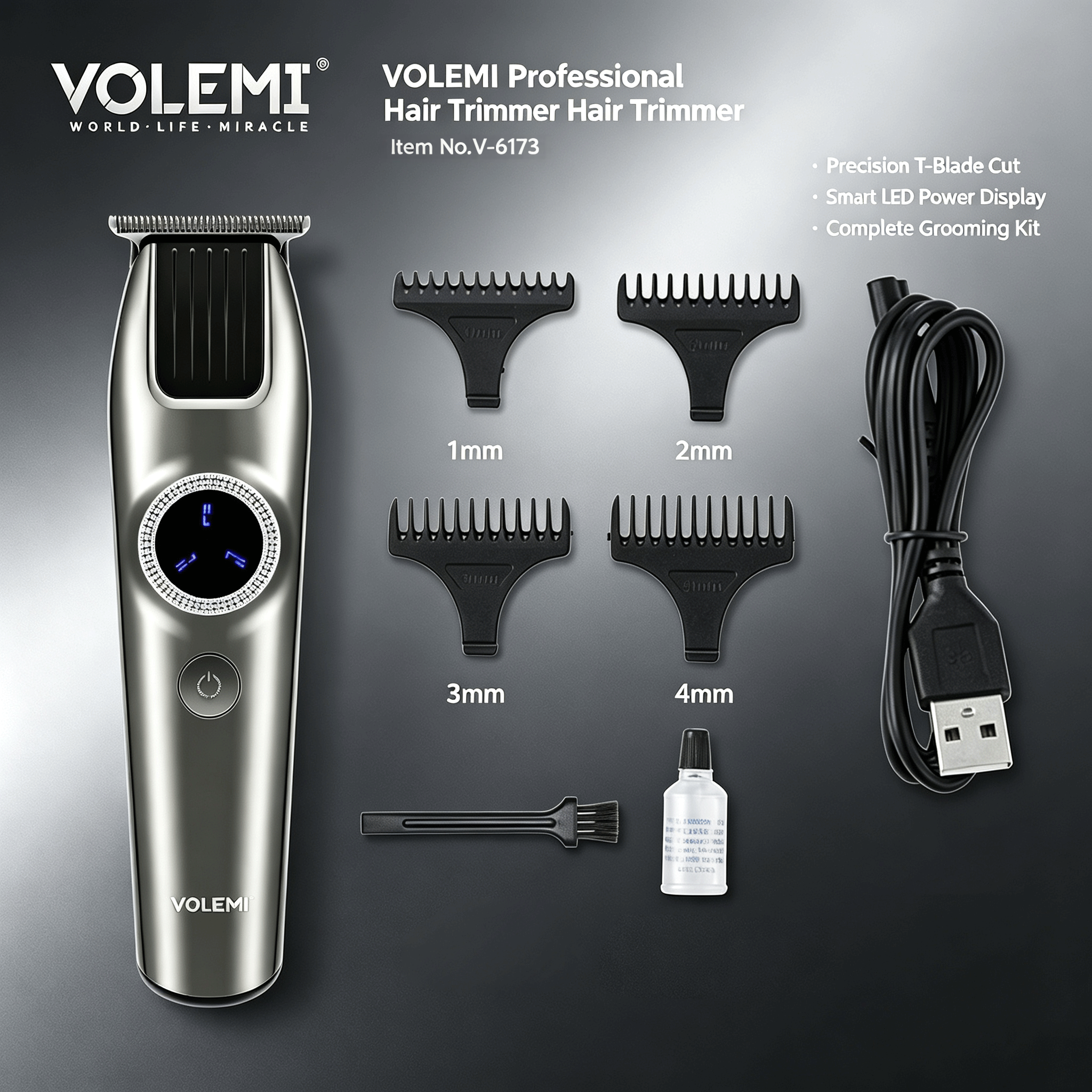VOLEMI Professional Cordless Hair Clipper Type-C Rechargeable V-6173