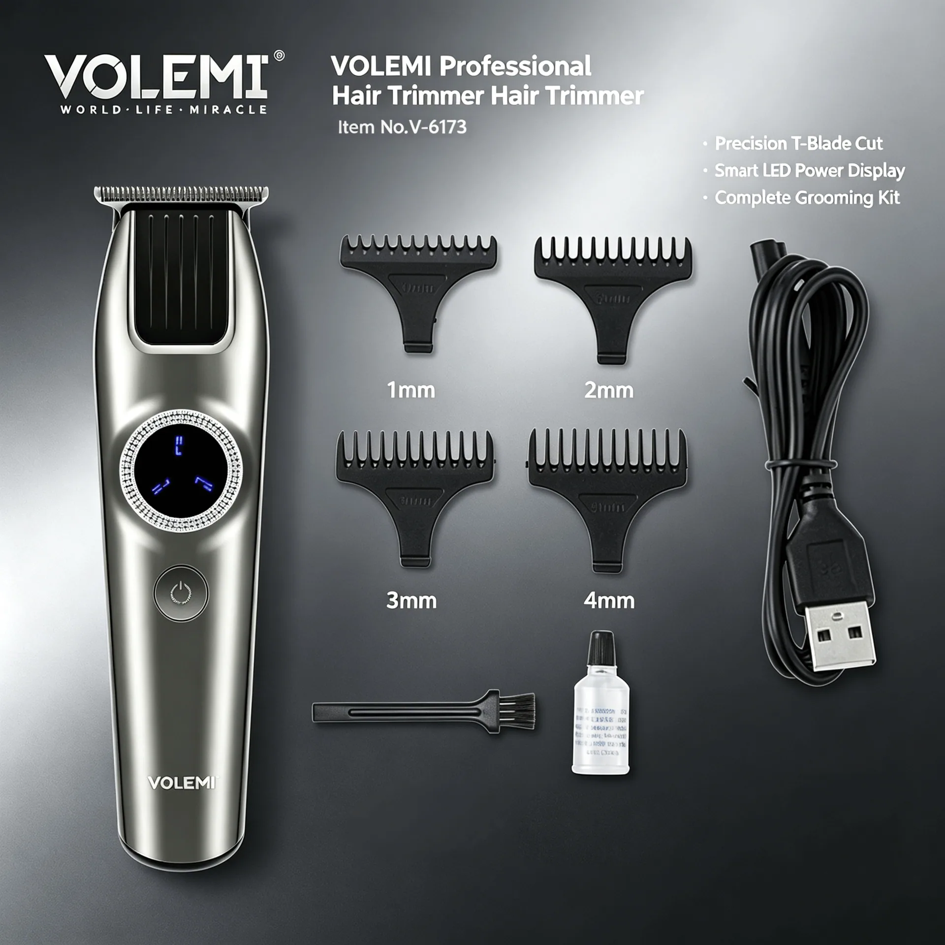 VOLEMI Professional Cordless Hair Clipper Type-C Rechargeable V-6173