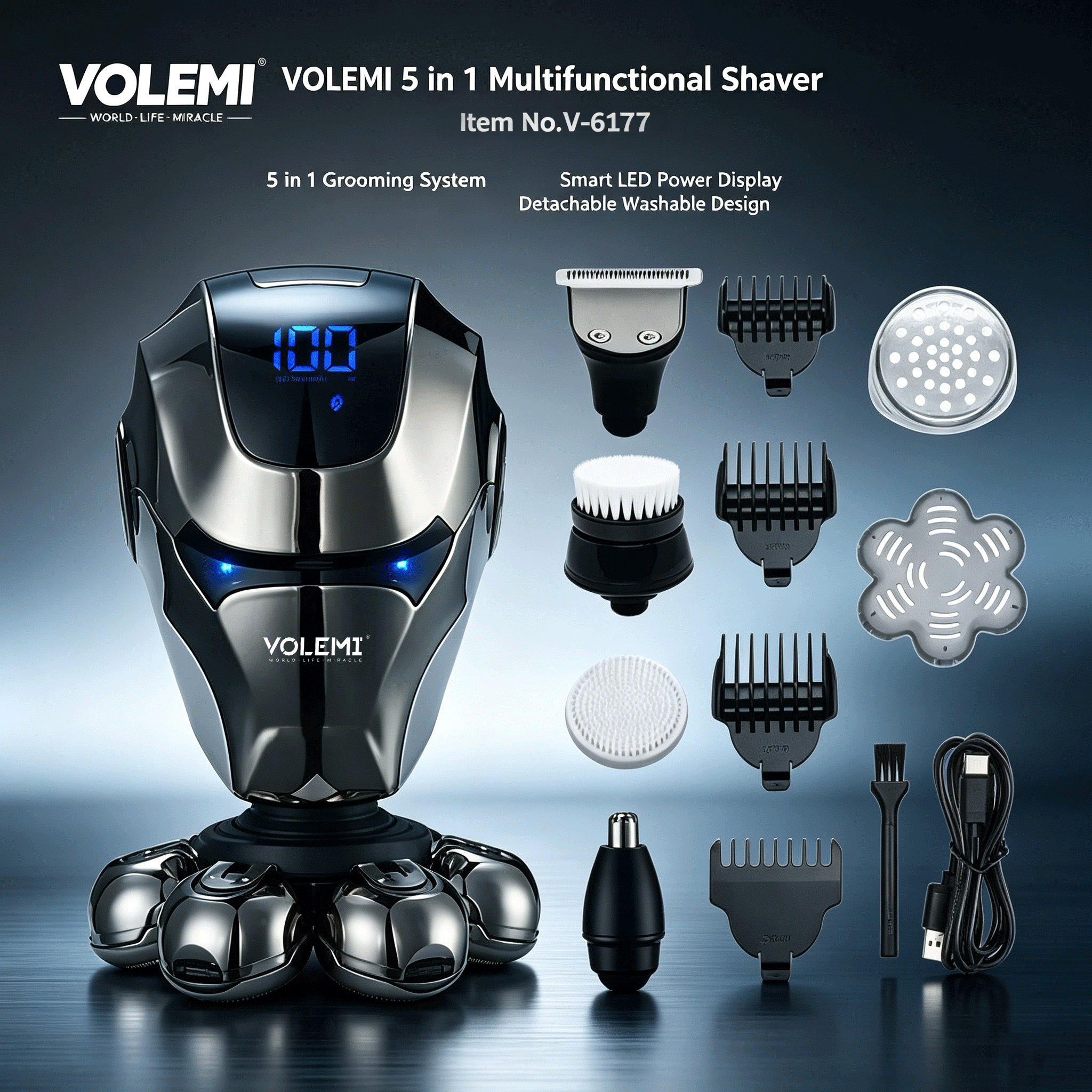 VOLEMI Professional Cordless Hair Clipper Type-C Rechargeable V-6177
