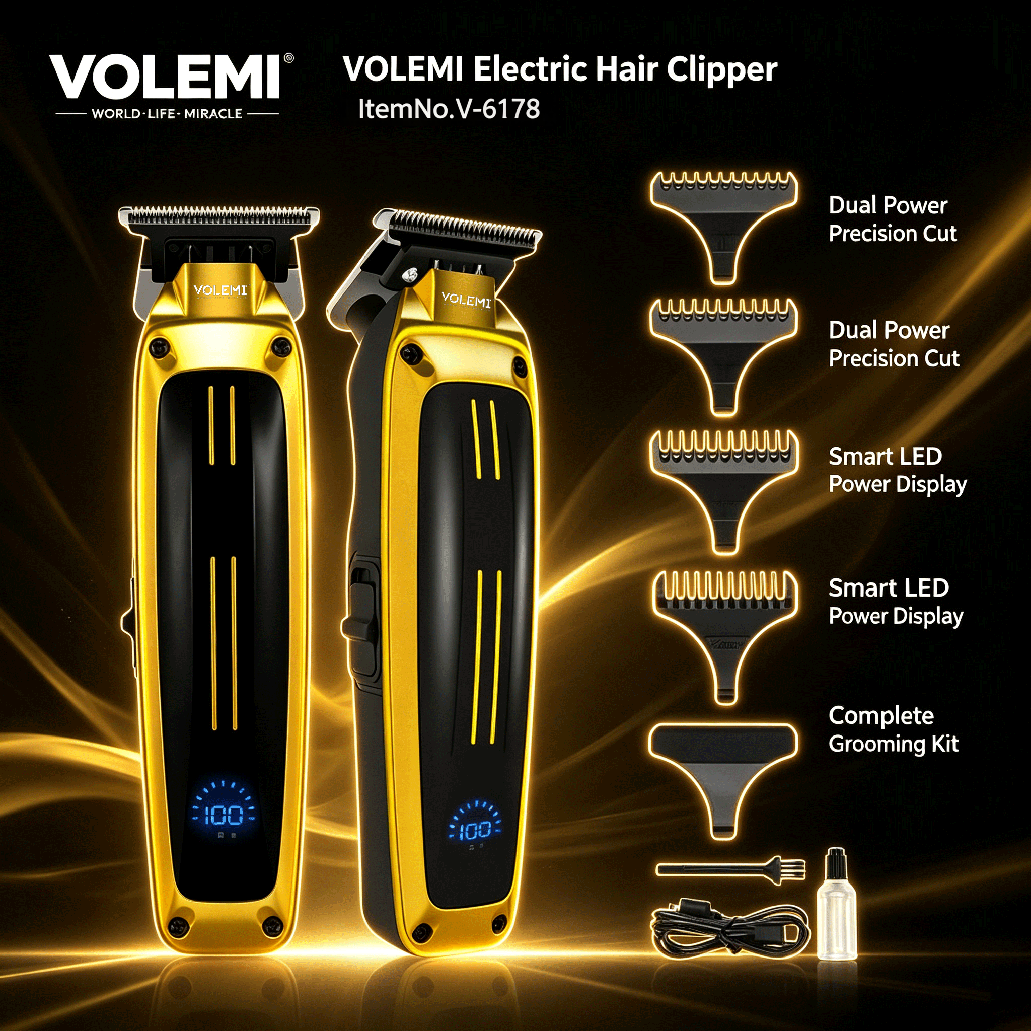 VOLEMI Cordless Hair Clipper Steel Blade Type-C Rechargeable V-6178