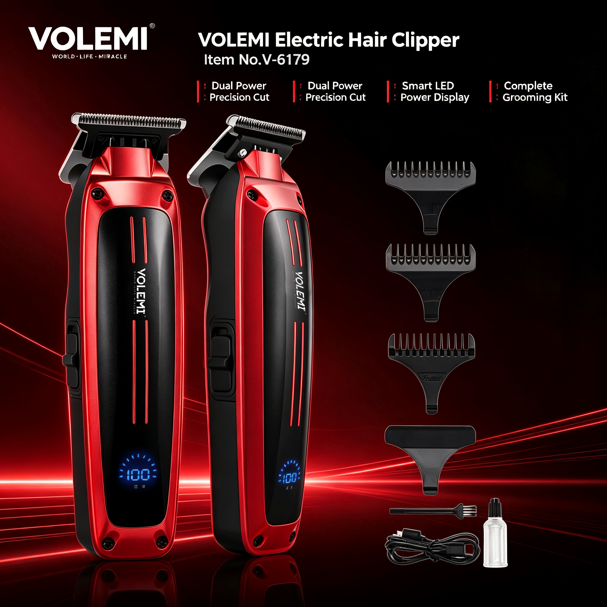 VOLEMI Hair Clipper Quiet Motor Steel Blade Type-C Rechargeable V-6179