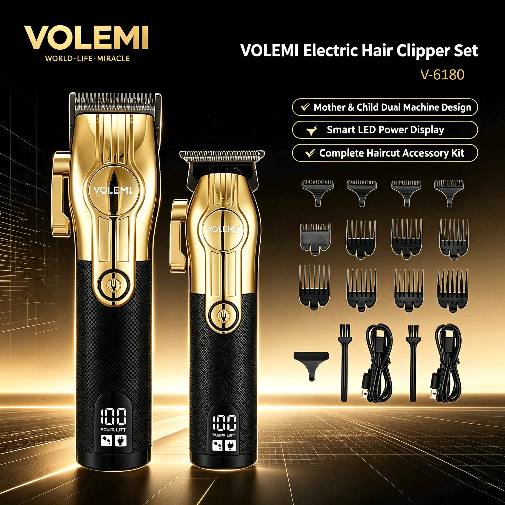 VOLEMI Pro Hair Clipper Kit Steel Blade Type-C Rechargeable V-6180