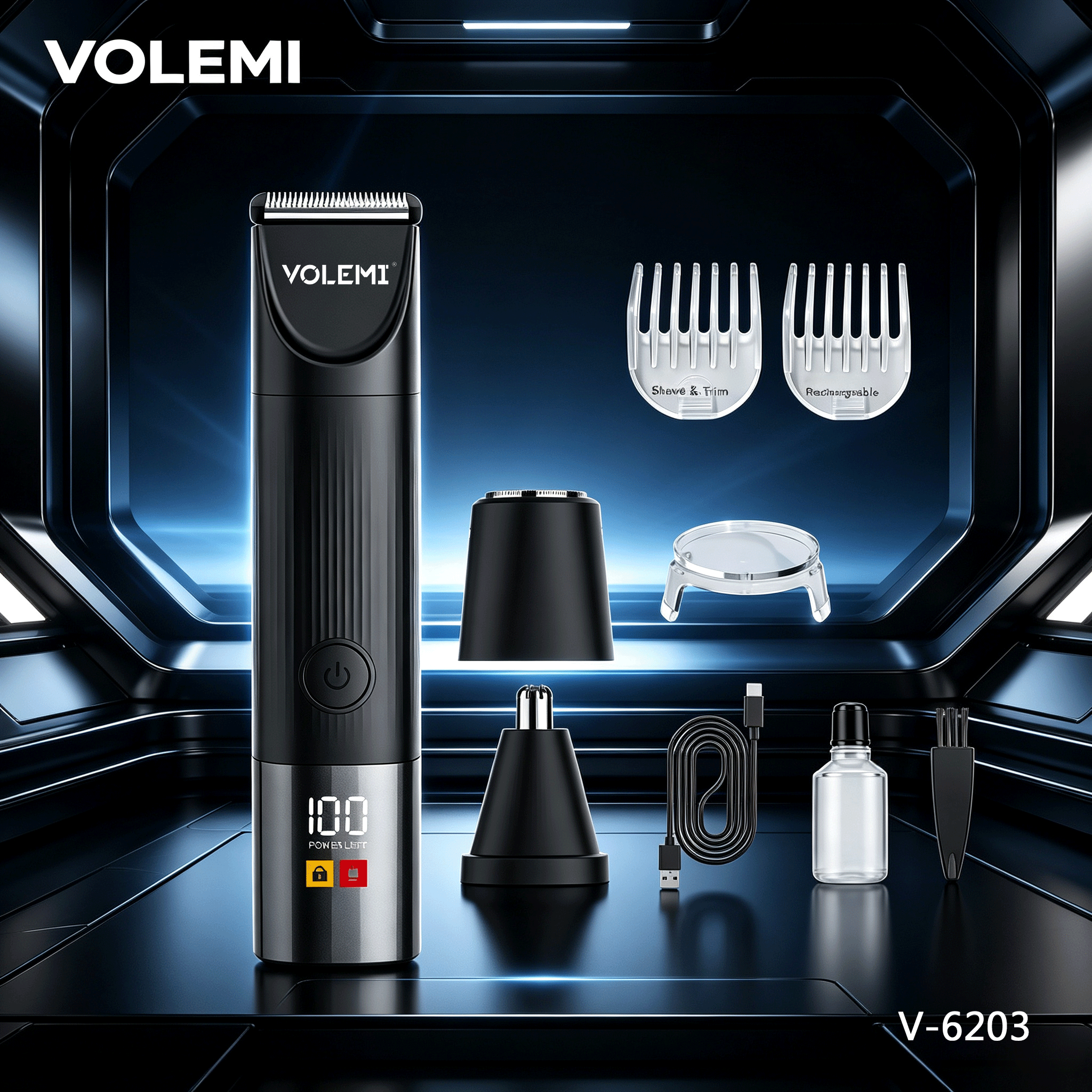 VOLEMI Cordless Hair Clipper Steel Blade Washable Type-C V-6203