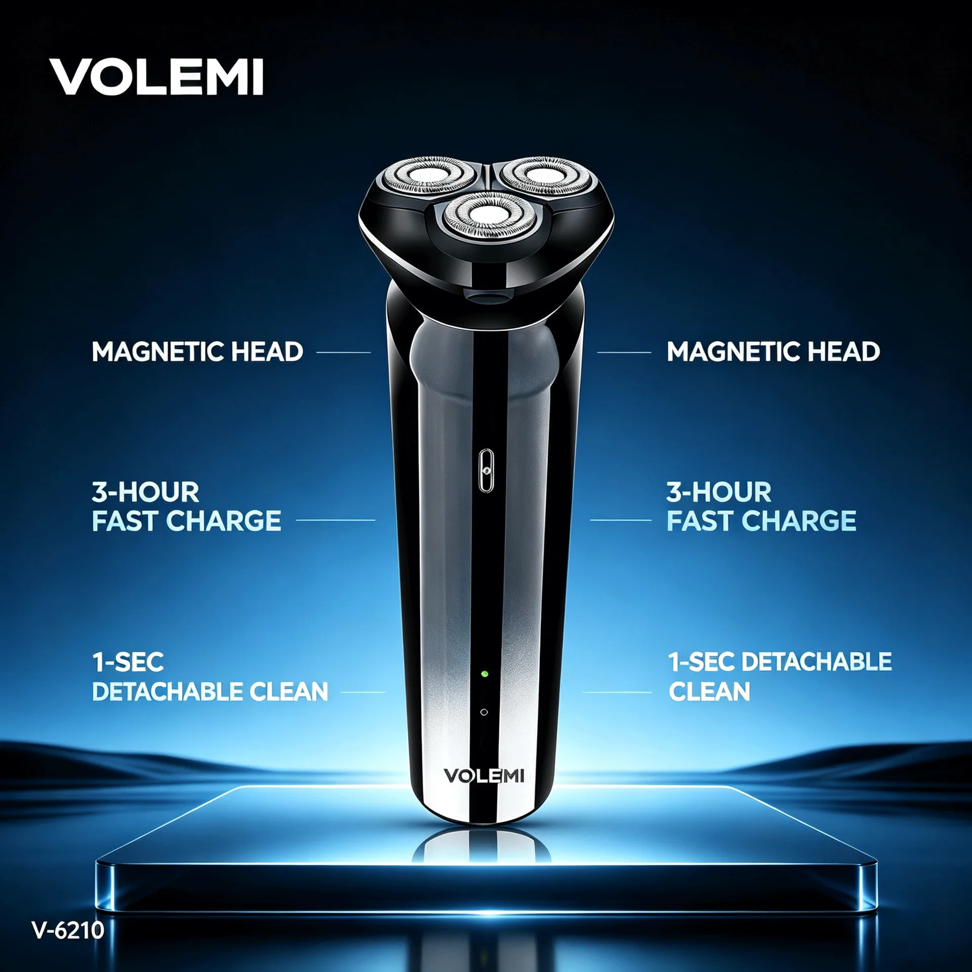 VOLEMI Men's Shaver Rotary Head Wet & Dry Type-C Rechargeable V-6210