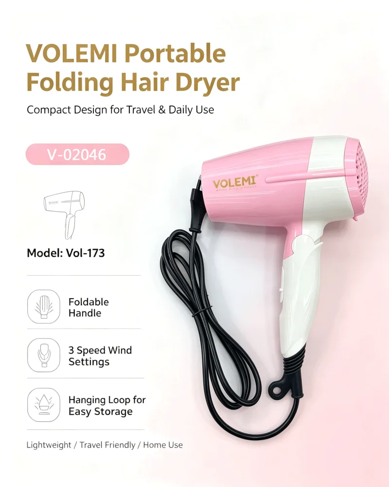 VOLEMI Folding Portable Hair Dryer Pink Vol-173 V-02046
