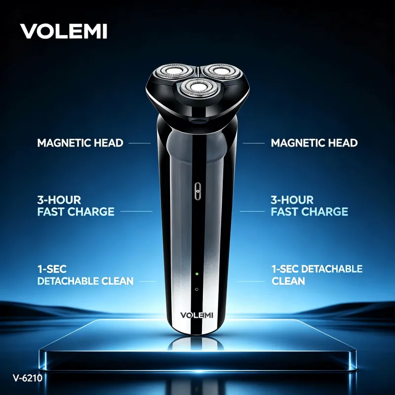 VOLEMI Men's Shaver Rotary Head Wet & Dry Type-C Rechargeable V-6210
