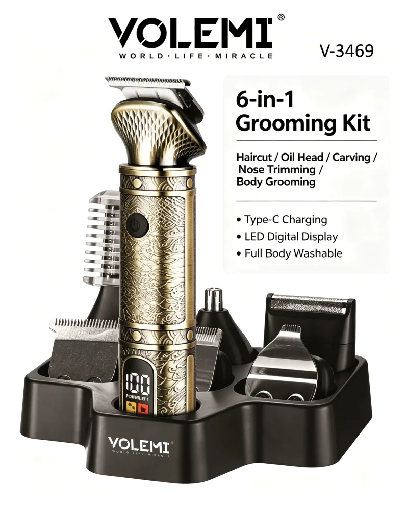 VOLEMI Hair Clipper Quiet High-Torque Steel Blade Wet & Dry Type-C v-5034