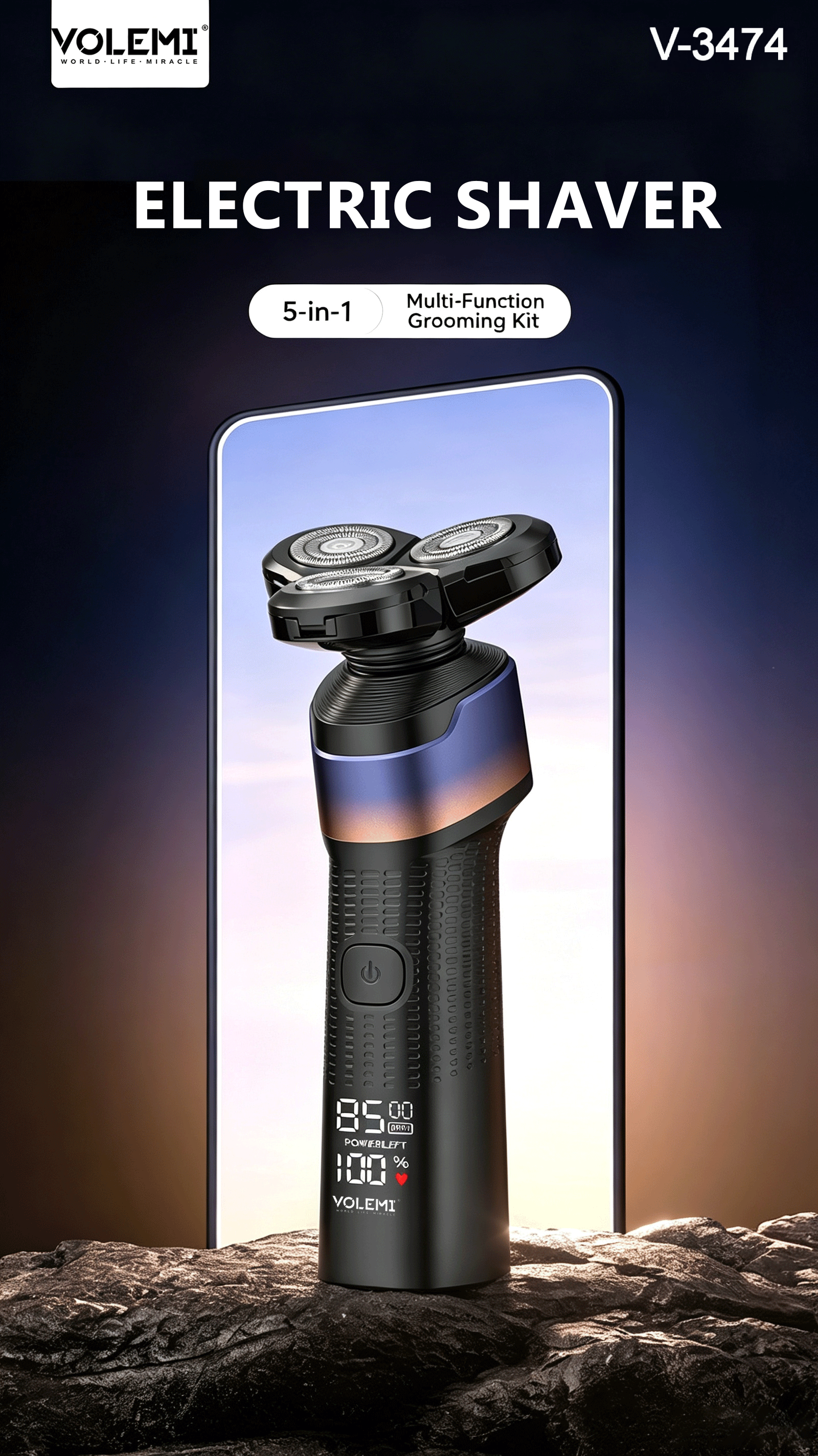VOLEMI Men's Shaver Rotary Head Wet Dry Type-C Long Life v-5026