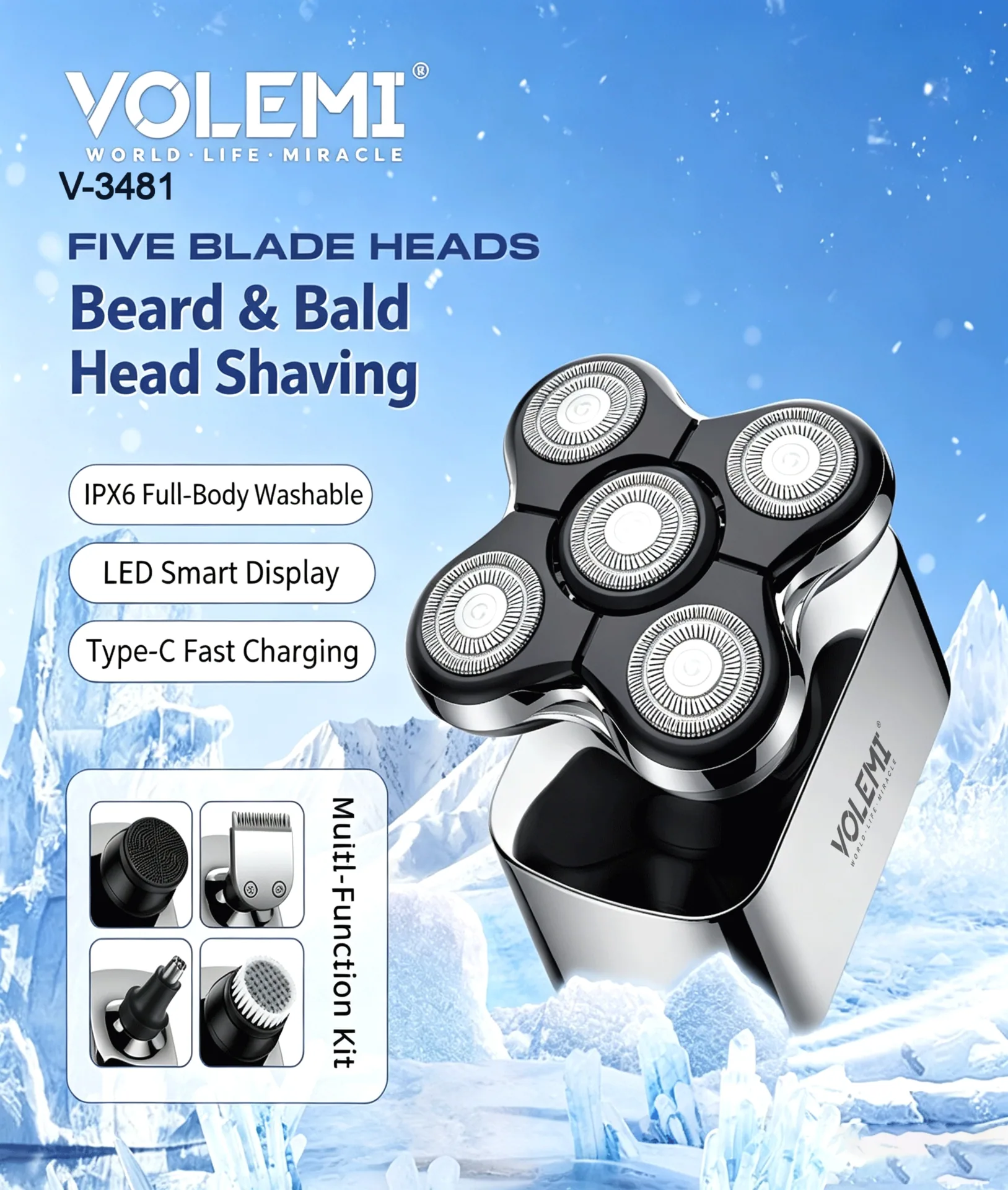 VOLEMI Men's Shaver Floating Foil Wet & Dry Type-C Rechargeable v-5027