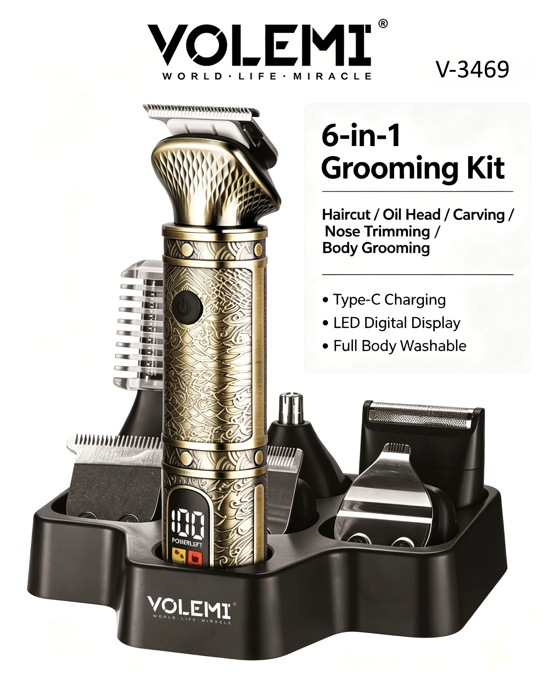 VOLEMI Hair Clipper Quiet High-Torque Steel Blade Wet & Dry Type-C v-5034